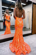 Sparkly Mermaid Orange Sequins Long Prom Dresses