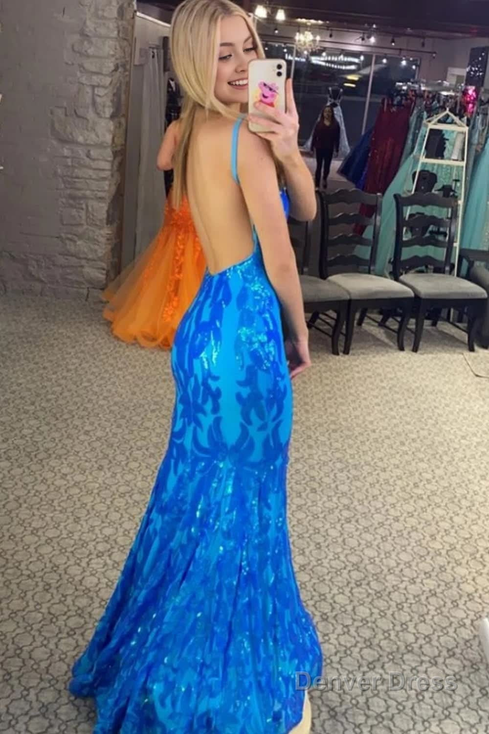 Sparkly Mermaid Orange Sequins Long Prom Dresses