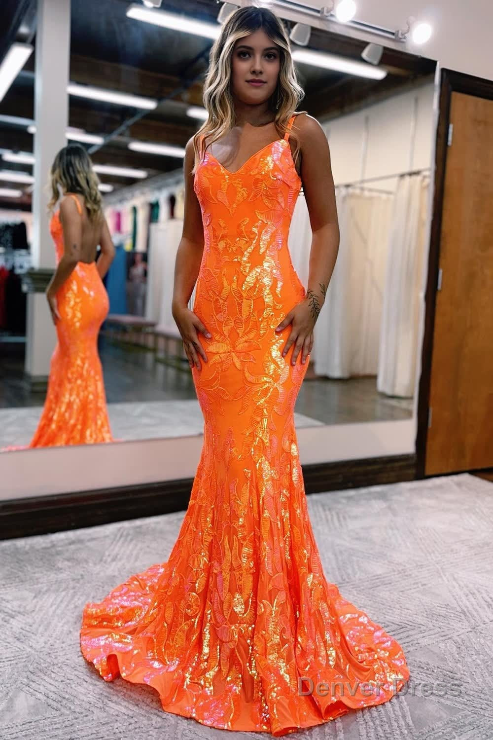 Sparkly Mermaid Orange Sequins Long Prom Dresses