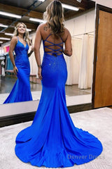 sparkly mermaid royal blue beaded long prom dress with appliques