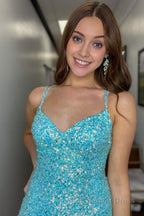 Sparkly Mermaid Sequins Sky Blue Long Prom Dresses with Slit