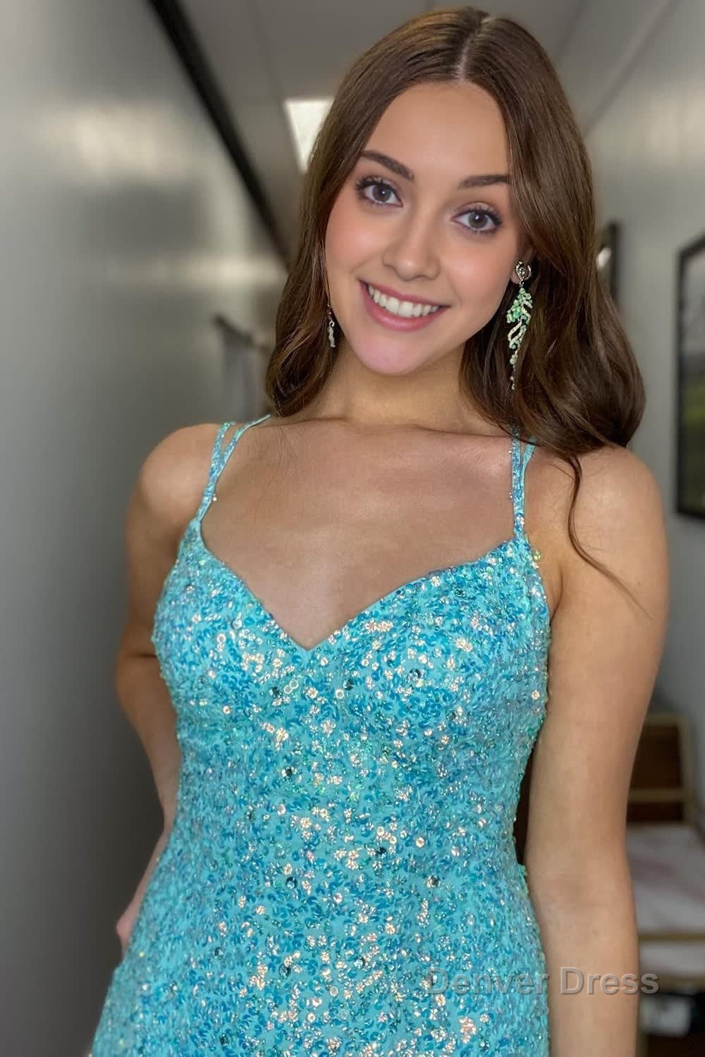 Sparkly Mermaid Sequins Sky Blue Long Prom Dresses with Slit