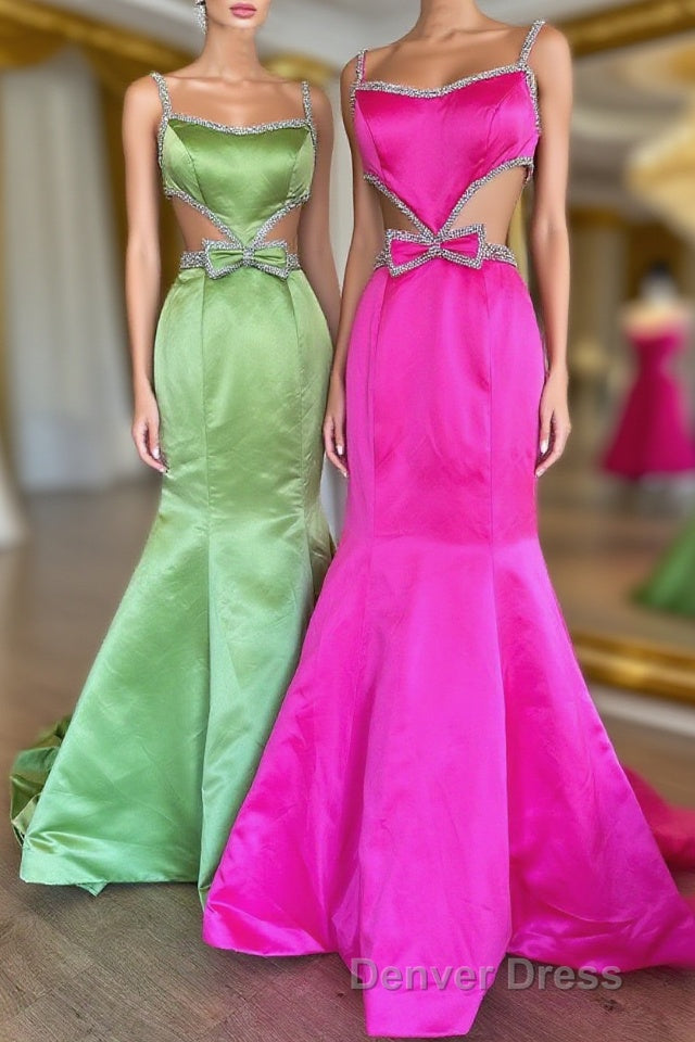 Mermaid Prom Dresses Spaghetti Straps Long Evening Dresses with Bow Main image