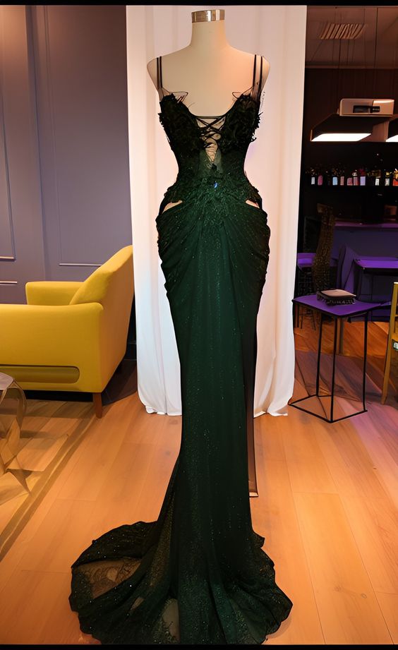 Sparkly Mermaid Spaghetti Straps Sleeveless Sequin Dark Green Prom Dresses Long Lace Prom Dress Main image
