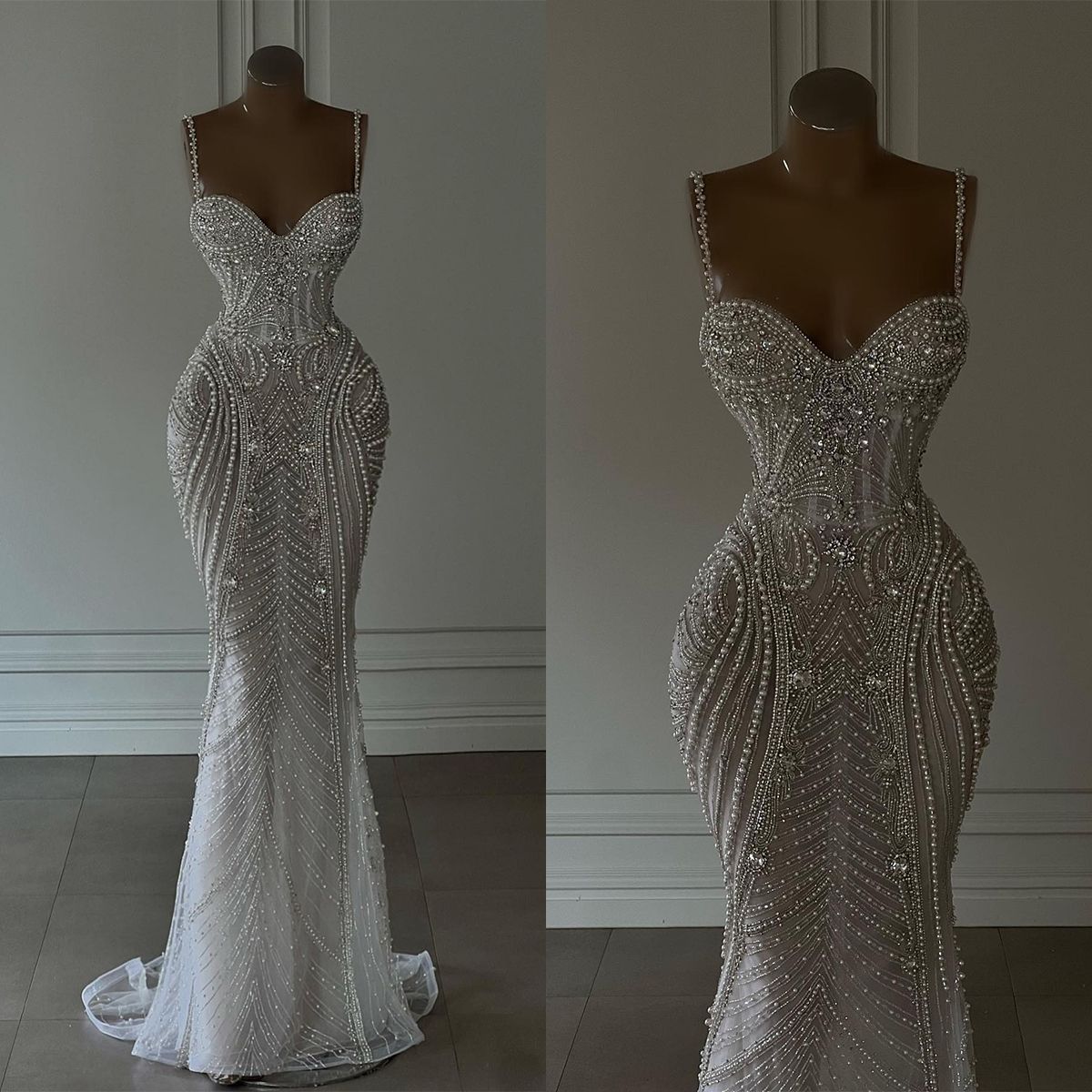 Sparkly Mermaid Spaghetti Straps White Sequin Beaded Wedding Dress Long Bridal Gowns Wedding Dresses Secondary image