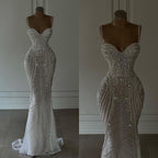 Sparkly Mermaid Spaghetti Straps White Sequin Beaded Wedding Dress Long Bridal Gowns Wedding Dresses