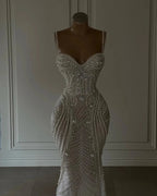 Sparkly Mermaid Spaghetti Straps White Sequin Beaded Wedding Dress Long Bridal Gowns Wedding Dresses