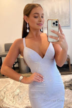 Sparkly Mermaid Spaghetti Straps White Sequins Long Prom Dresses