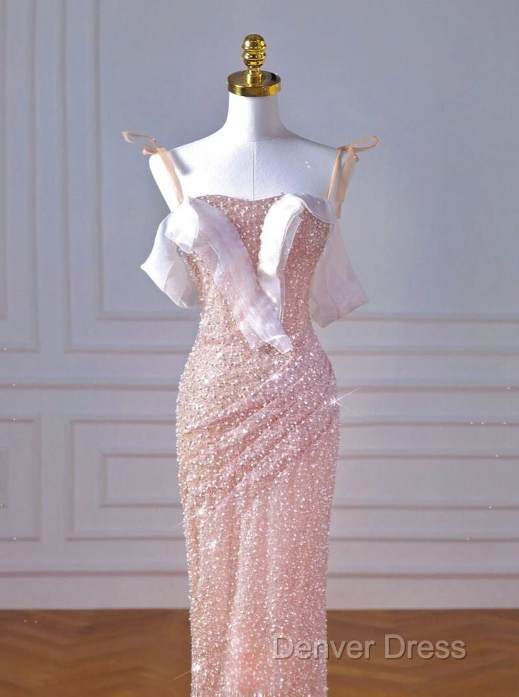 Sparkly Mermaid Straps Pink Tulle Pearls Long Prom Dresses