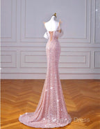 Sparkly Mermaid Straps Pink Tulle Pearls Long Prom Dresses