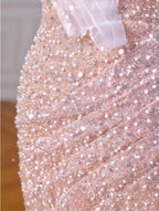 Sparkly Mermaid Straps Pink Tulle Pearls Long Prom Dresses