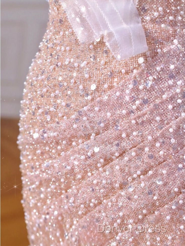 Sparkly Mermaid Straps Pink Tulle Pearls Long Prom Dresses