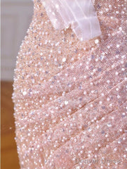 Sparkly Mermaid Straps Pink Tulle Pearls Long Prom Dress