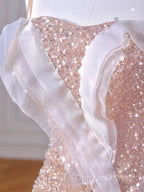 Sparkly Mermaid Straps Pink Tulle Pearls Long Prom Dresses