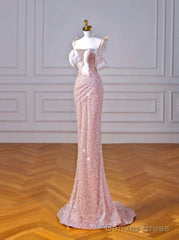 Sparkly Mermaid Straps Pink Tulle Pearls Long Prom Dress