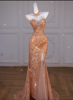 Sparkly Mermaid Sweetheart Sequin Long Slit Gold Prom Dress With Beads