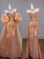 Sparkly Mermaid Sweetheart Sequin Long Slit Gold Prom Dress With Beads