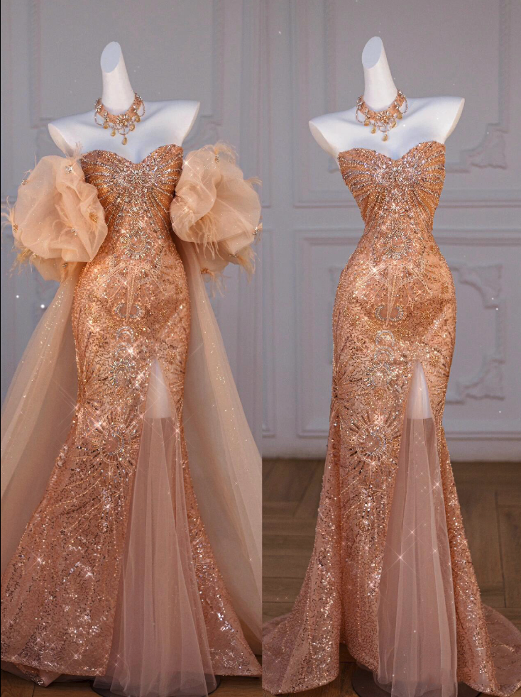 Sparkly Mermaid Sweetheart Sequin Long Slit Gold Prom Dress With Beads