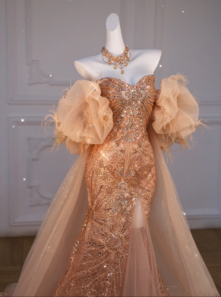Sparkly Mermaid Sweetheart Sequin Long Slit Gold Prom Dress With Beads