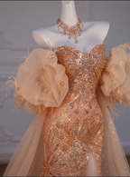Sparkly Mermaid Sweetheart Sequin Long Slit Gold Prom Dress With Beads