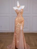Sparkly Mermaid Sweetheart Sequin Long Slit Gold Prom Dress With Beads