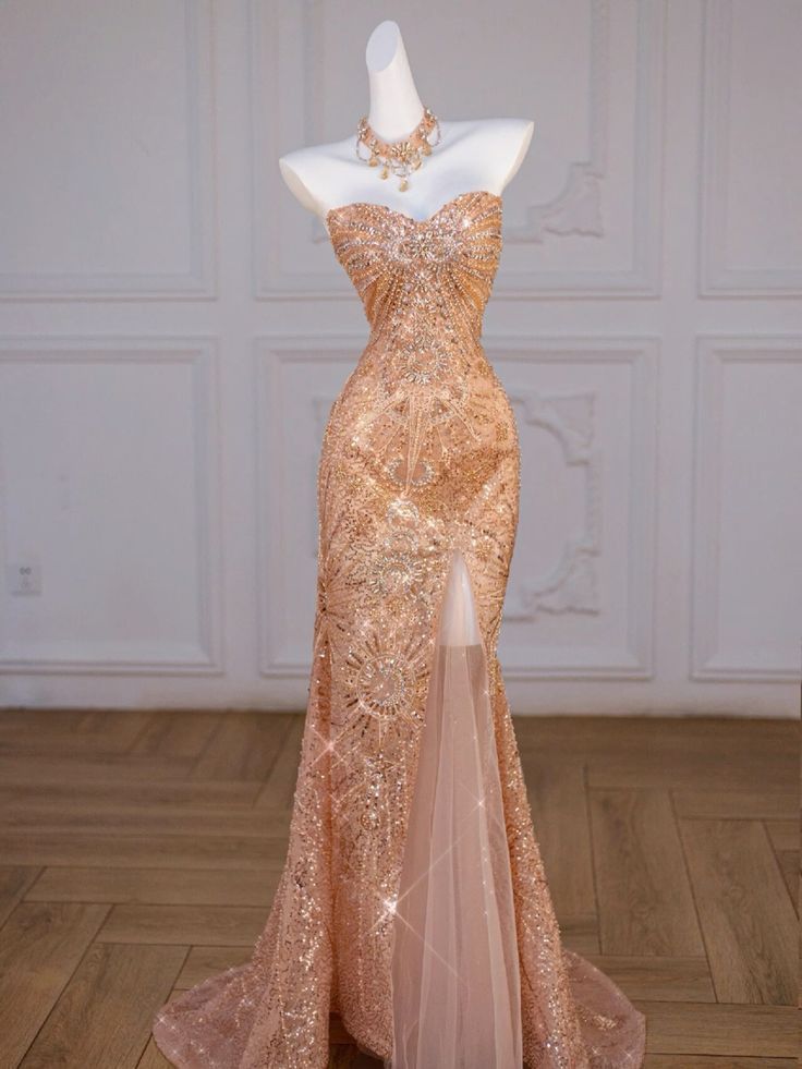 Sparkly Mermaid Sweetheart Sequin Long Slit Gold Prom Dress With Beads