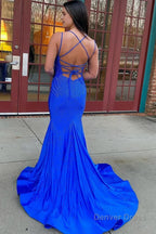 Sparkly Mermaid V Neck Beaded Satin Long Prom Dress