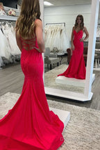Sparkly Mermaid V Neck Beaded Satin Long Prom Dress