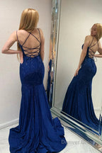 Sparkly Navy Beaded Mermaid Backless Long Prom Dresses