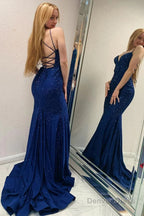 Sparkly Navy Beaded Mermaid Backless Long Prom Dresses