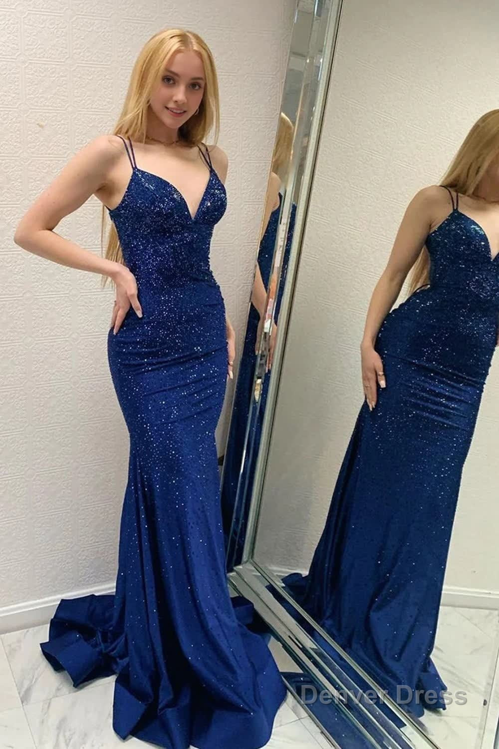 Sparkly Navy Beaded Mermaid Backless Long Prom Dresses
