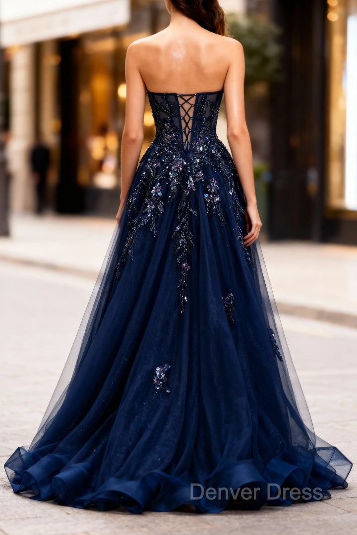 Sparkly Navy Blue Corset Sweetheart Long Prom Dresses with Appliques