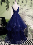 Sparkly Navy Blue Tulle Long Prom Dresses Evening Dresses