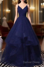 Sparkly Navy Blue Tulle Long Prom Dresses Evening Dresses