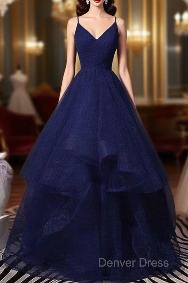 Sparkly Navy Blue Tulle Long Prom Dresses Evening Dresses