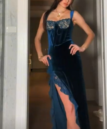 Sexy Slit Velvet Lace Long Prom Dress