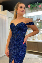 Sparkly Navy Corset Mermaid Sequins Long Prom Dresses with Slit