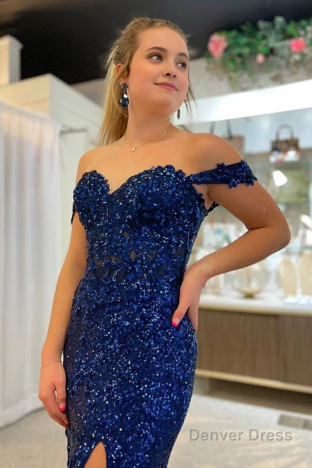 Sparkly Navy Corset Mermaid Sequins Long Prom Dresses with Slit