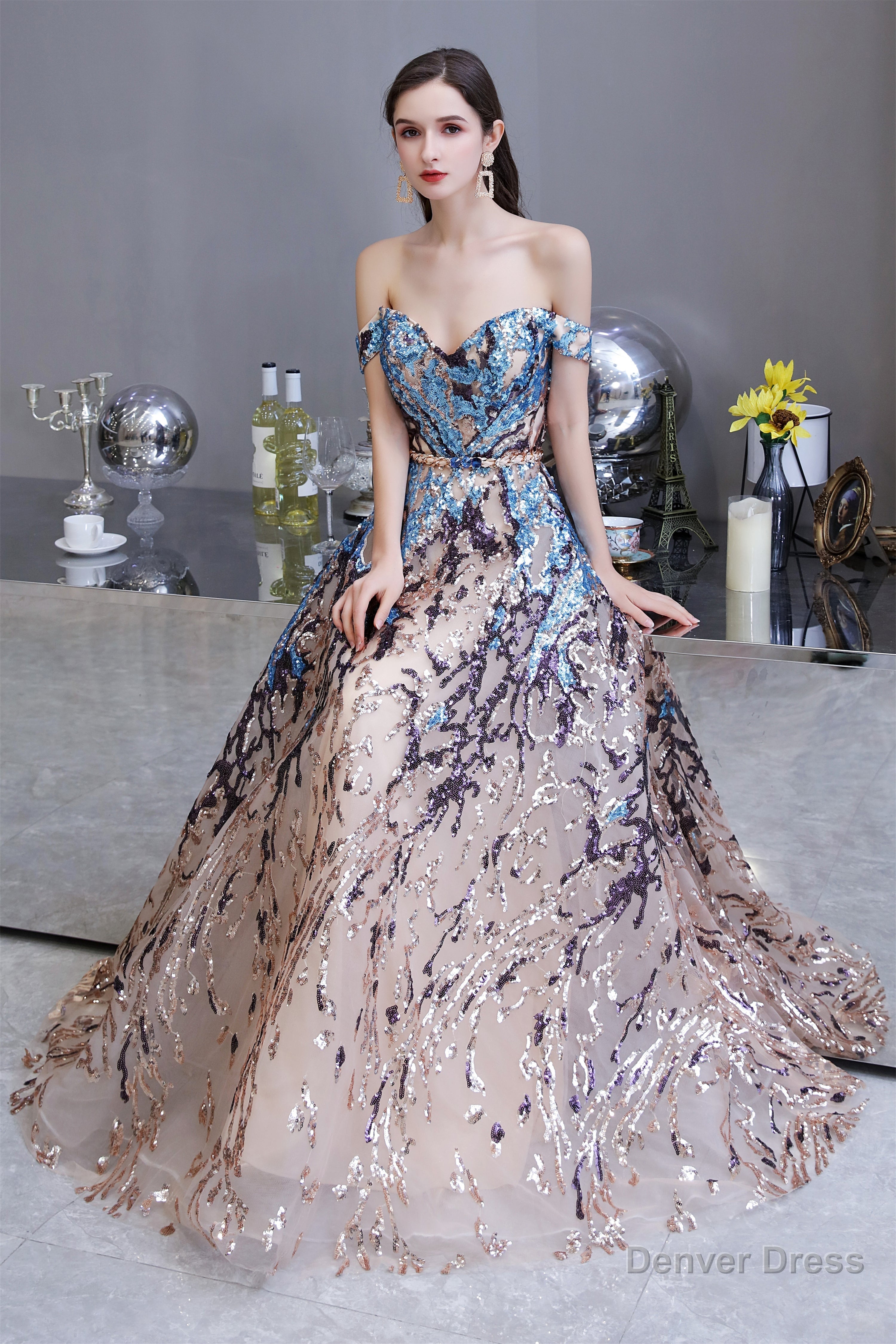 Sparkly Off-the-Shoulder Sequins A line Prom Dresses Floor Length