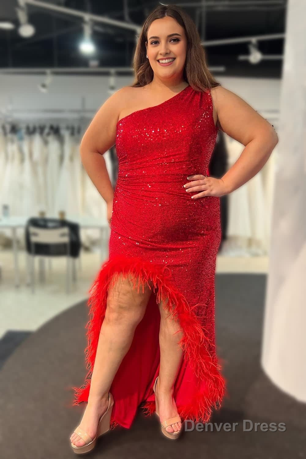 Sparkly One Shoulder Burgundy Sequins Long Prom Dresses with Feathers Main image