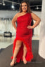 Sparkly One Shoulder Burgundy Sequins Long Prom Dresses with Feathers