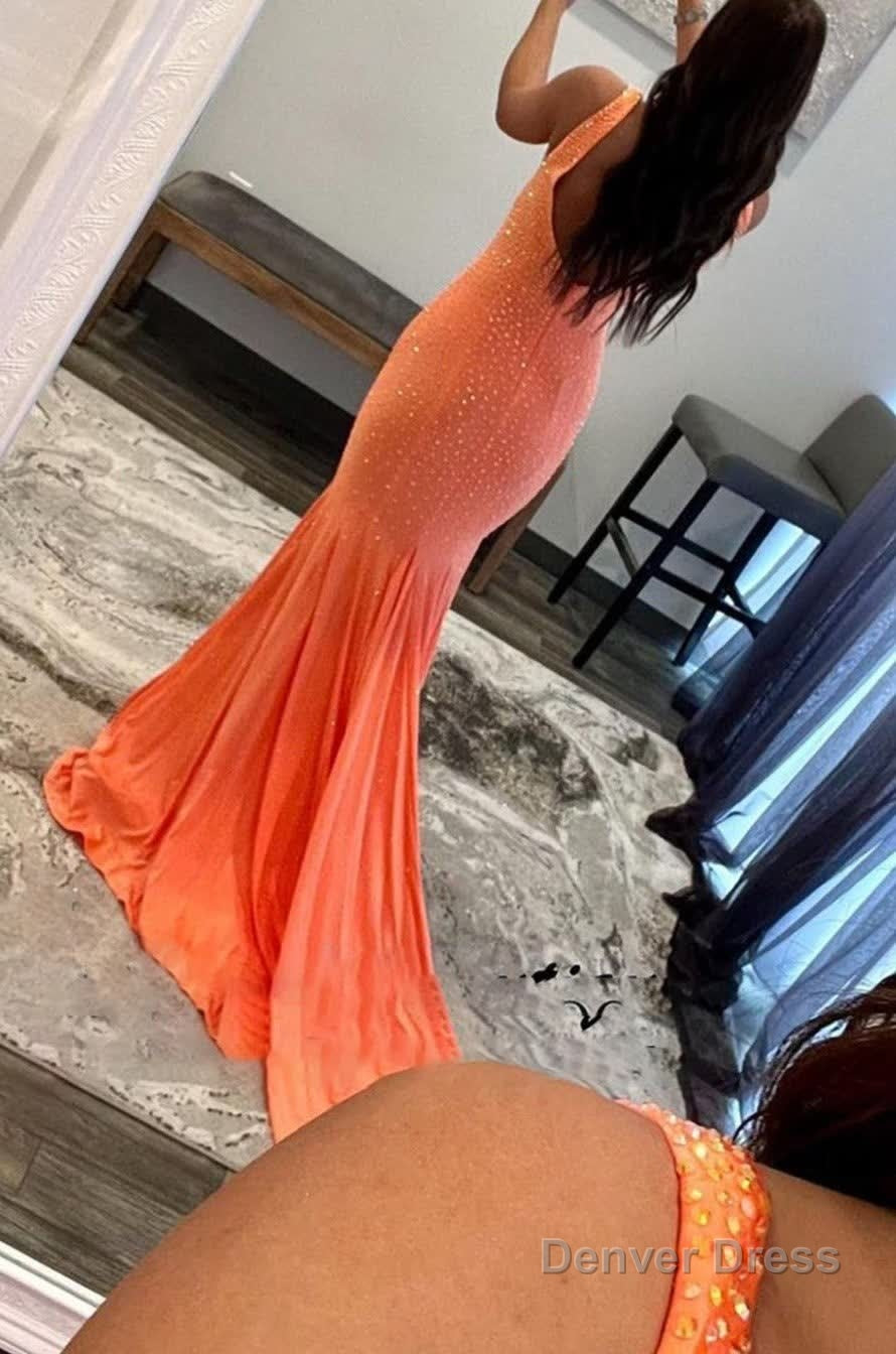 Sparkly Orange Beaded Mermaid Long Prom Dresses