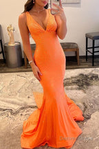 Sparkly Orange Beaded Mermaid Long Prom Dresses