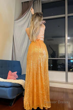Sparkly Orange Mermaid Sequins Long Prom Dresses