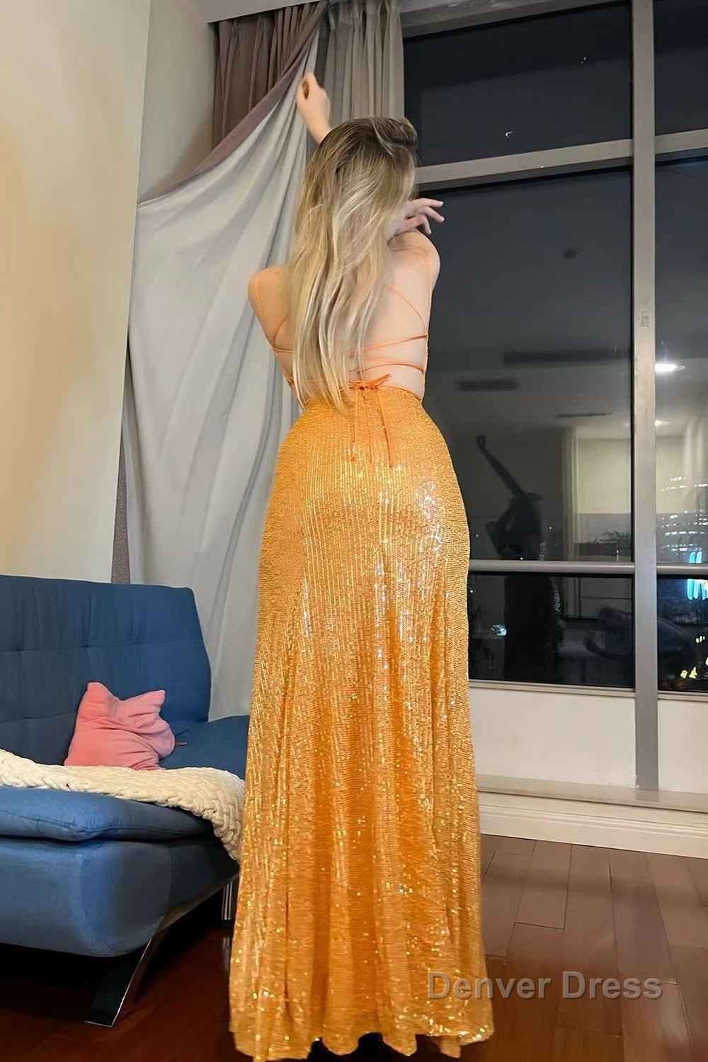Sparkly Orange Mermaid Sequins Long Prom Dresses