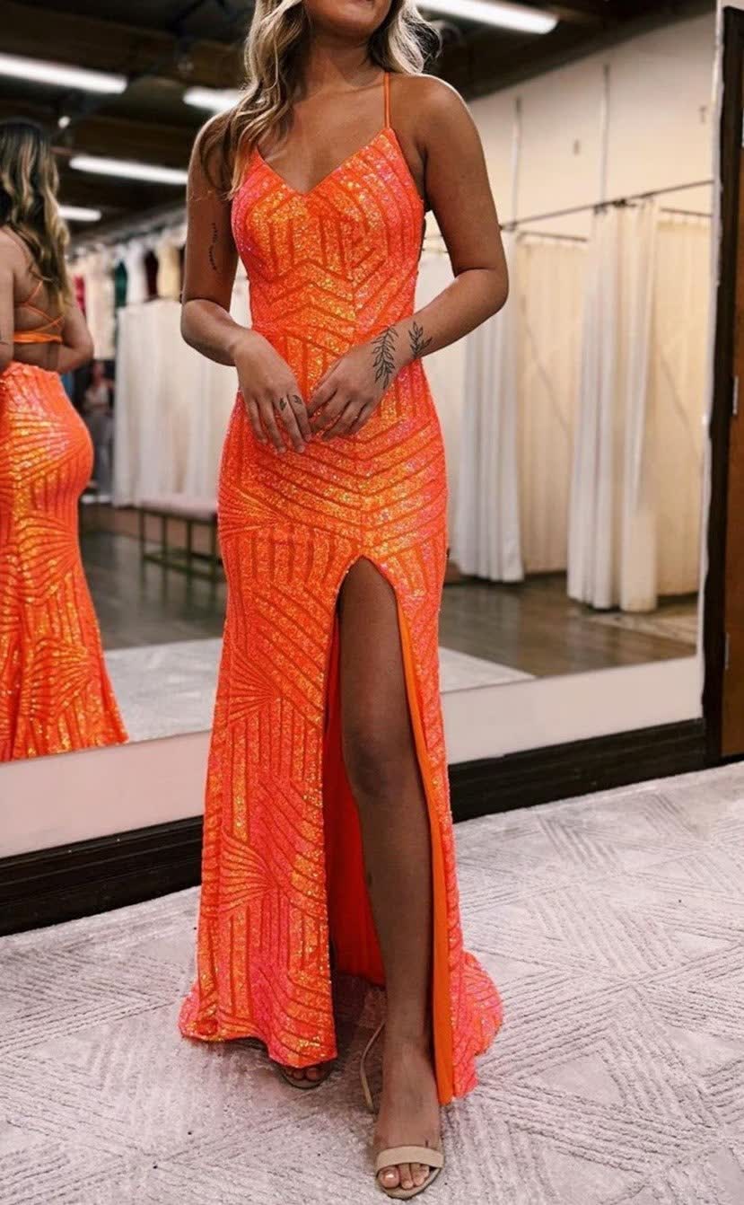 sparkly orange open back sequins long prom dress with slit