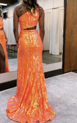 sparkly orange sequin one shoulder long prom dress with slit