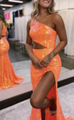 sparkly orange sequin one shoulder long prom dress with slit