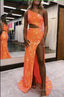 Sparkly Orange Sequin One Shoulder Long Prom Dresses with Slit