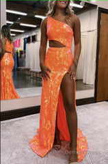 sparkly orange sequin one shoulder long prom dress with slit